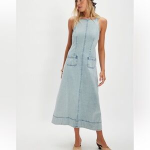 FREE PEOPLE DEX DENIM MIDI DRESS in Bleachout NWT sz L